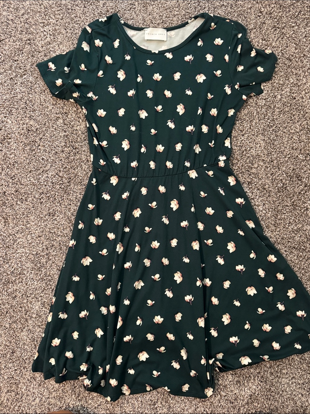 French Grey Dark Green Floral Fit-and-Flare Dress